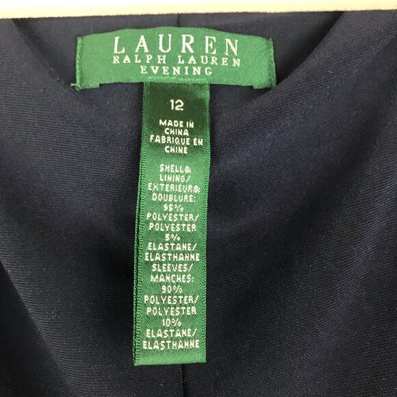 Lauren Ralph Lauren Evening Dress Maxi Navy Beaded Shoulders V-Neck Drape Sz 12 - Picture 11 of 12